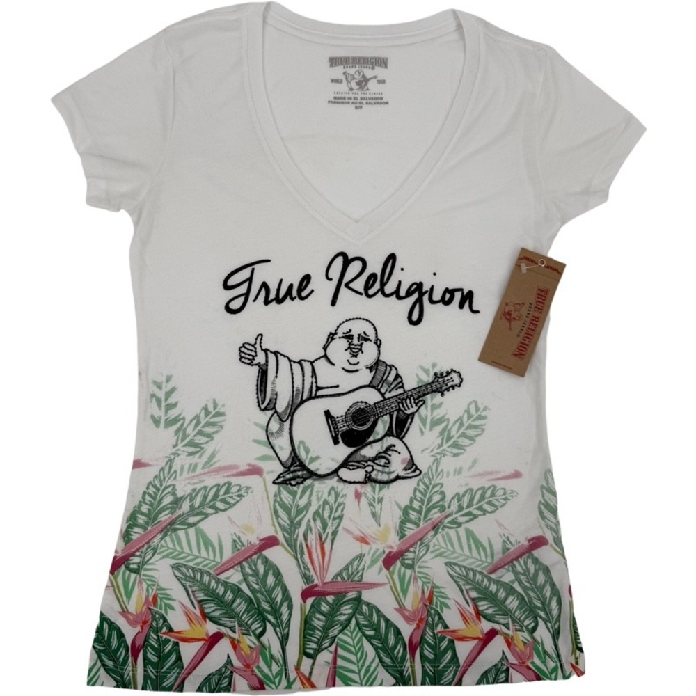 TRUE RELIGION NEW Small V-Neck Tee‎ White Bling Tropical Paradise Buddha Graphic